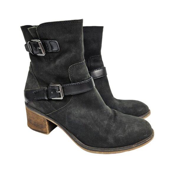 Franco Sarto Shoes - Franco Sarto Larisa 2 Black Nubuck Leather Moto Buckle Heeled Ankle Boot 8.5
